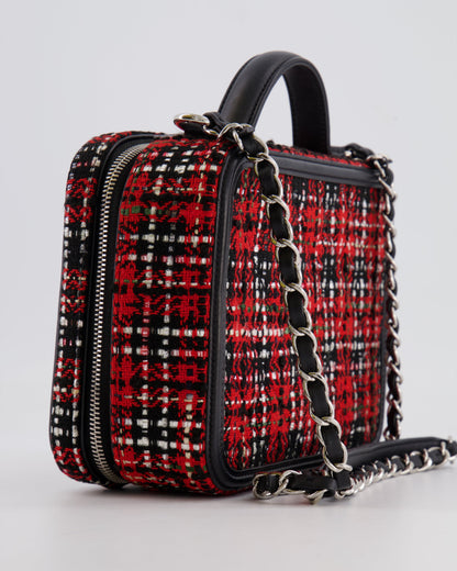 Chanel Black and Red Medium CC Filigree Vanity Case Bag in Tweed with Silver Hardware and Chain Detail