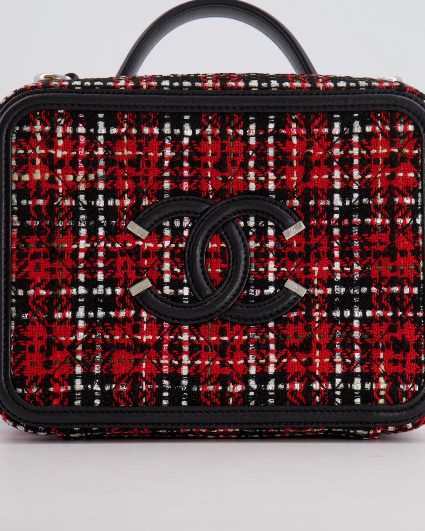 Chanel Black and Red Medium CC Filigree Vanity Case Bag in Tweed with Silver Hardware and Chain Detail