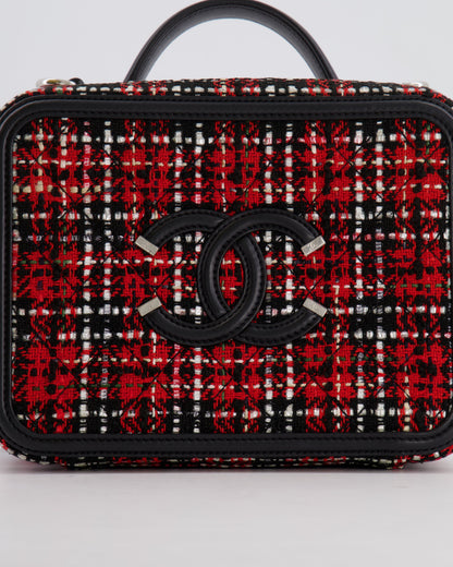 Chanel Black and Red Medium CC Filigree Vanity Case Bag in Tweed with Silver Hardware and Chain Detail