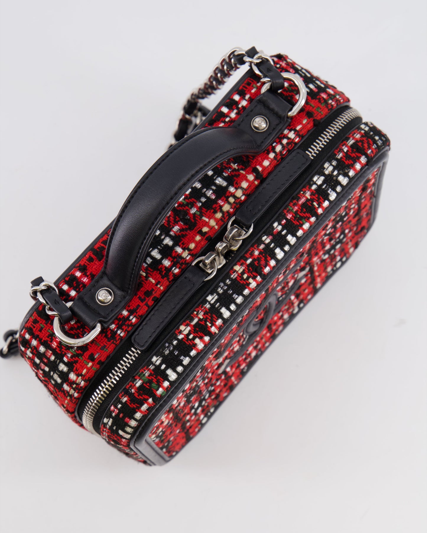 Chanel Black and Red Medium CC Filigree Vanity Case Bag in Tweed with Silver Hardware and Chain Detail