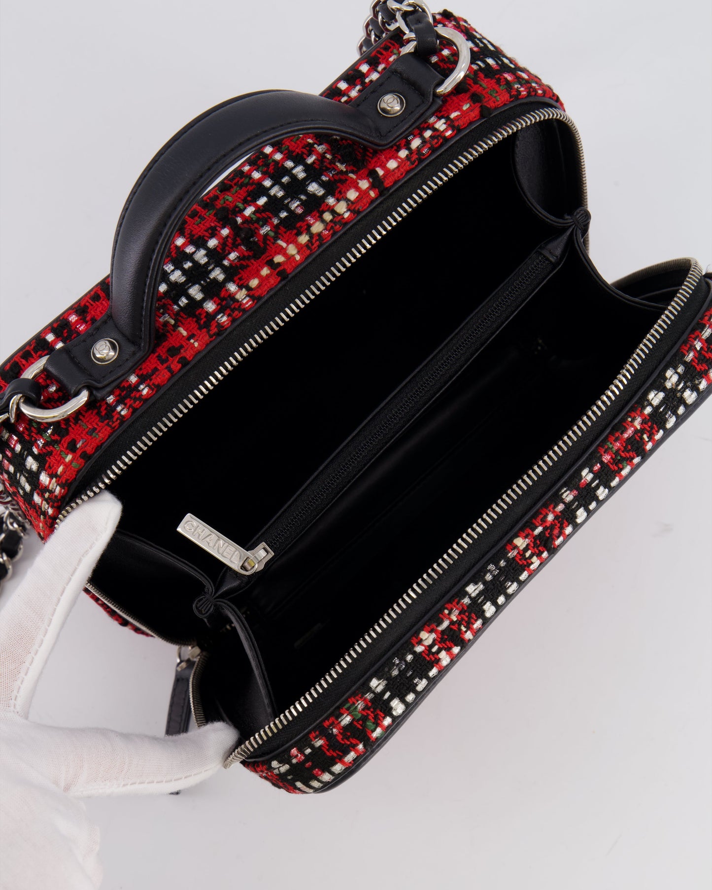 Chanel Black and Red Medium CC Filigree Vanity Case Bag in Tweed with Silver Hardware and Chain Detail