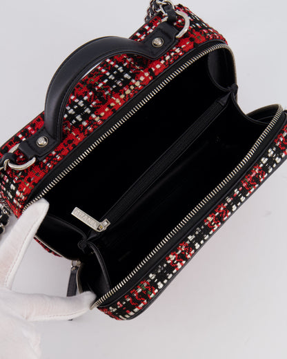 Chanel Black and Red Medium CC Filigree Vanity Case Bag in Tweed with Silver Hardware and Chain Detail