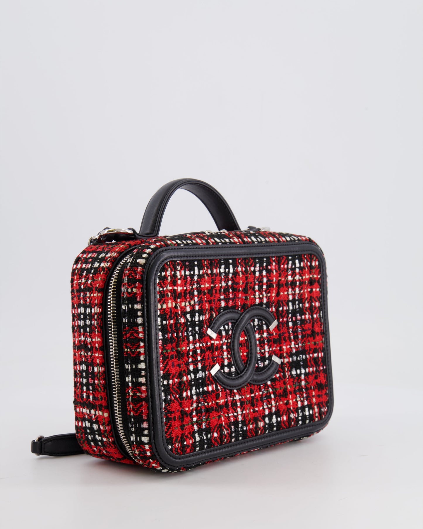 Chanel Black and Red Medium CC Filigree Vanity Case Bag in Tweed with Silver Hardware and Chain Detail