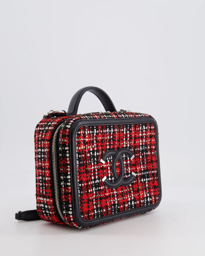 Chanel Black and Red Medium CC Filigree Vanity Case Bag in Tweed with Silver Hardware and Chain Detail
