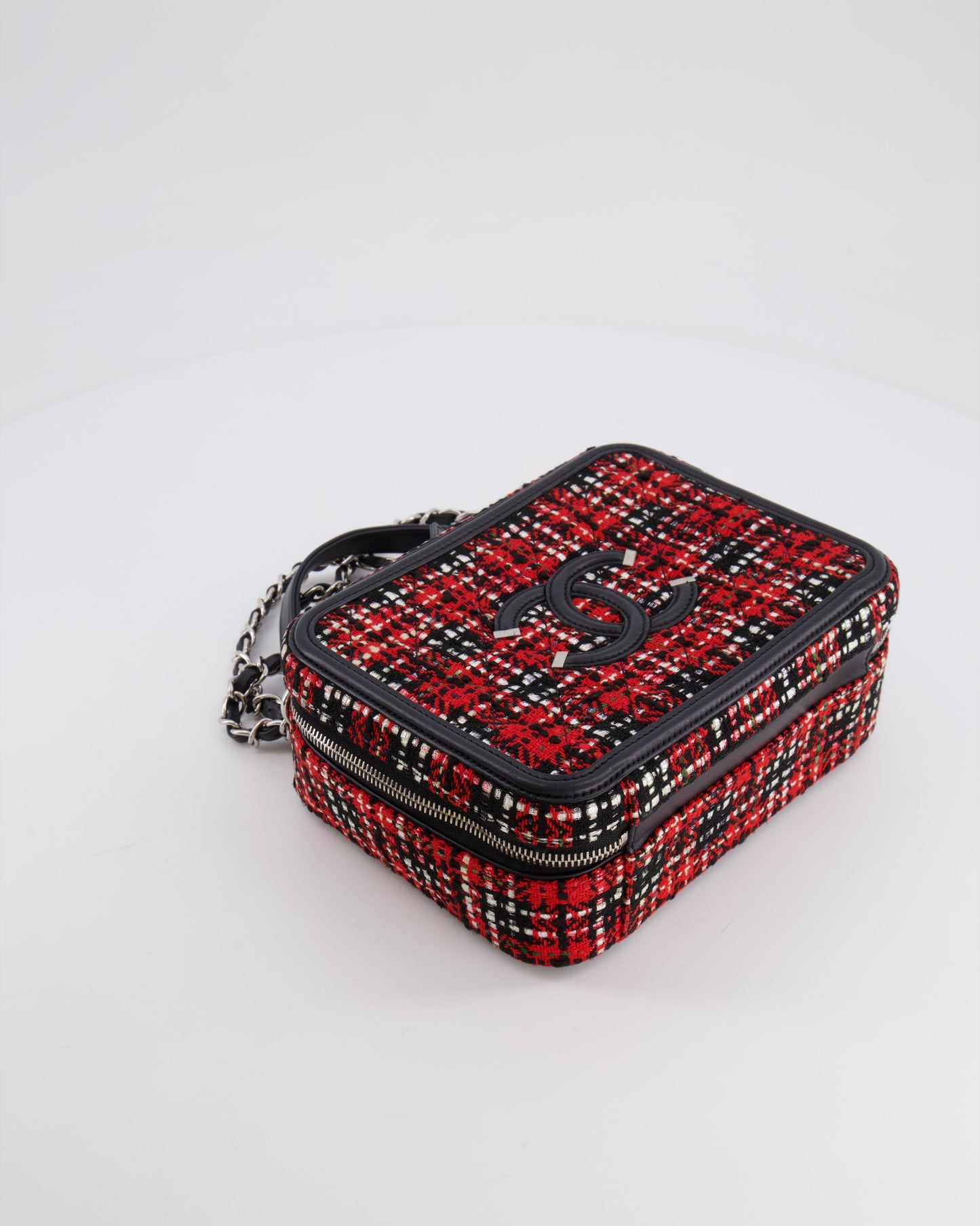 Chanel Black and Red Medium CC Filigree Vanity Case Bag in Tweed with Silver Hardware and Chain Detail