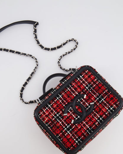 Chanel Black and Red Medium CC Filigree Vanity Case Bag in Tweed with Silver Hardware and Chain Detail