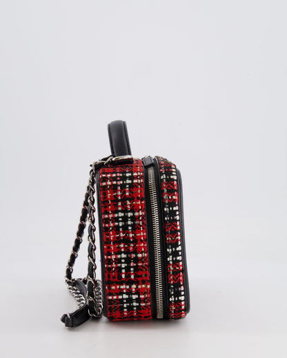 Chanel Black and Red Medium CC Filigree Vanity Case Bag in Tweed with Silver Hardware and Chain Detail