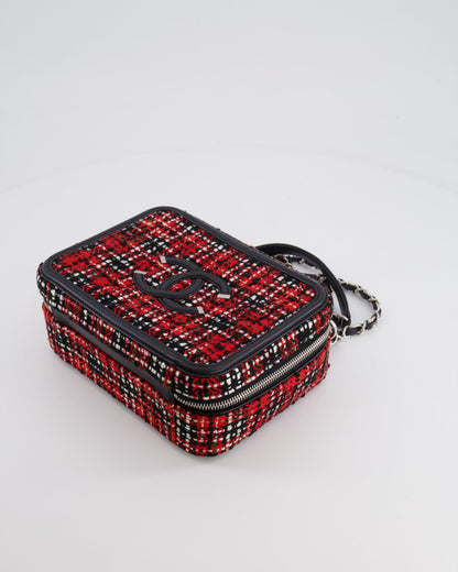 Chanel Black and Red Medium CC Filigree Vanity Case Bag in Tweed with Silver Hardware and Chain Detail