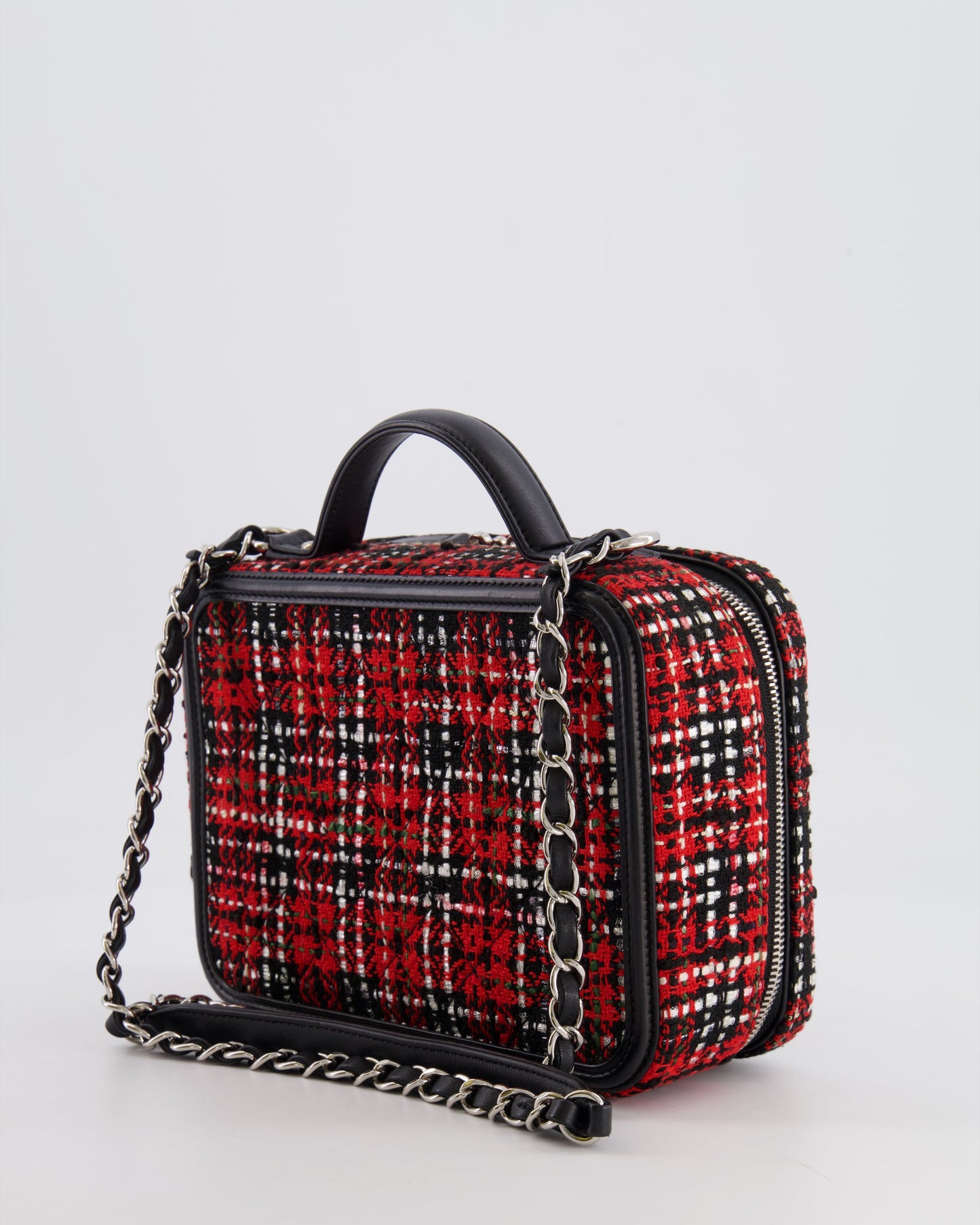 Chanel Black and Red Medium CC Filigree Vanity Case Bag in Tweed with Silver Hardware and Chain Detail