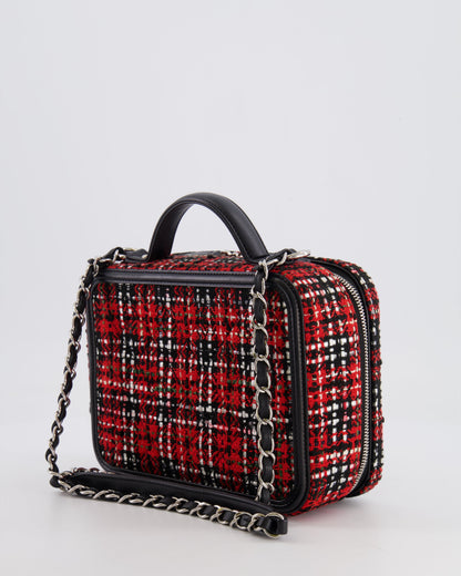 Chanel Black and Red Medium CC Filigree Vanity Case Bag in Tweed with Silver Hardware and Chain Detail