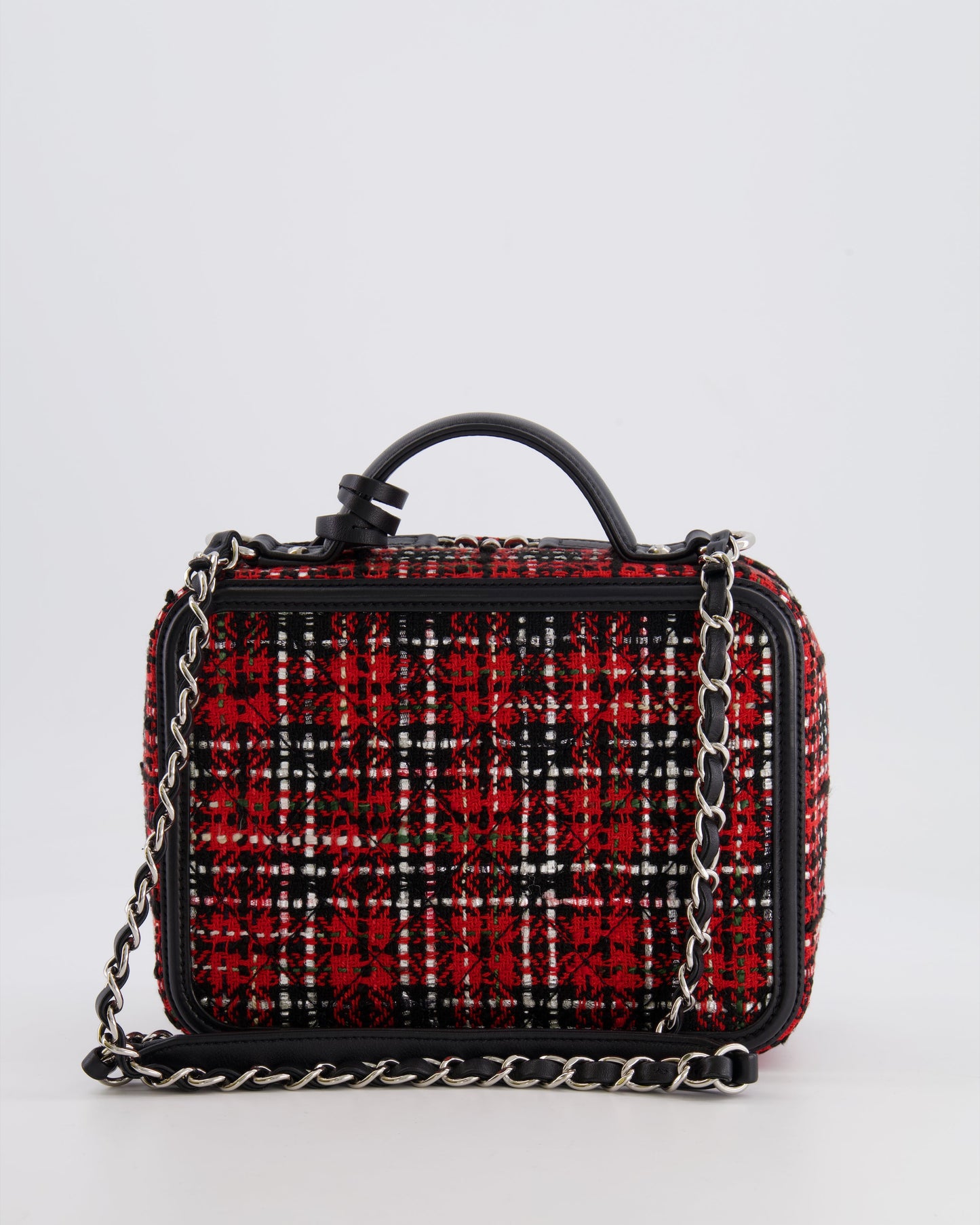 Chanel Black and Red Medium CC Filigree Vanity Case Bag in Tweed with Silver Hardware and Chain Detail