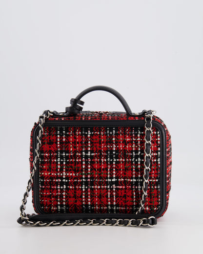 Chanel Black and Red Medium CC Filigree Vanity Case Bag in Tweed with Silver Hardware and Chain Detail