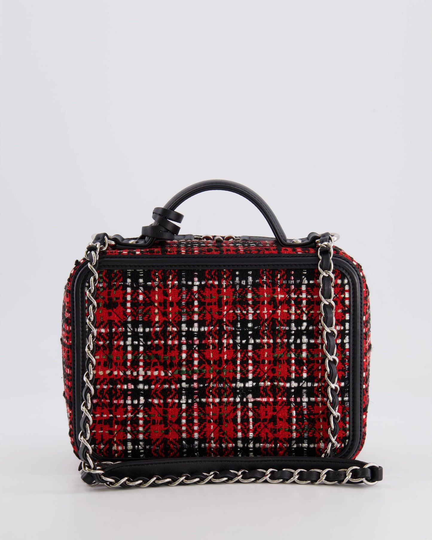 Chanel Black and Red Medium CC Filigree Vanity Case Bag in Tweed with Silver Hardware and Chain Detail
