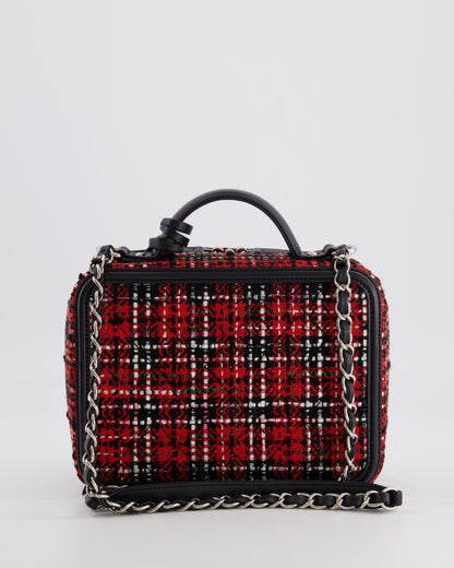 Chanel Black and Red Medium CC Filigree Vanity Case Bag in Tweed with Silver Hardware and Chain Detail