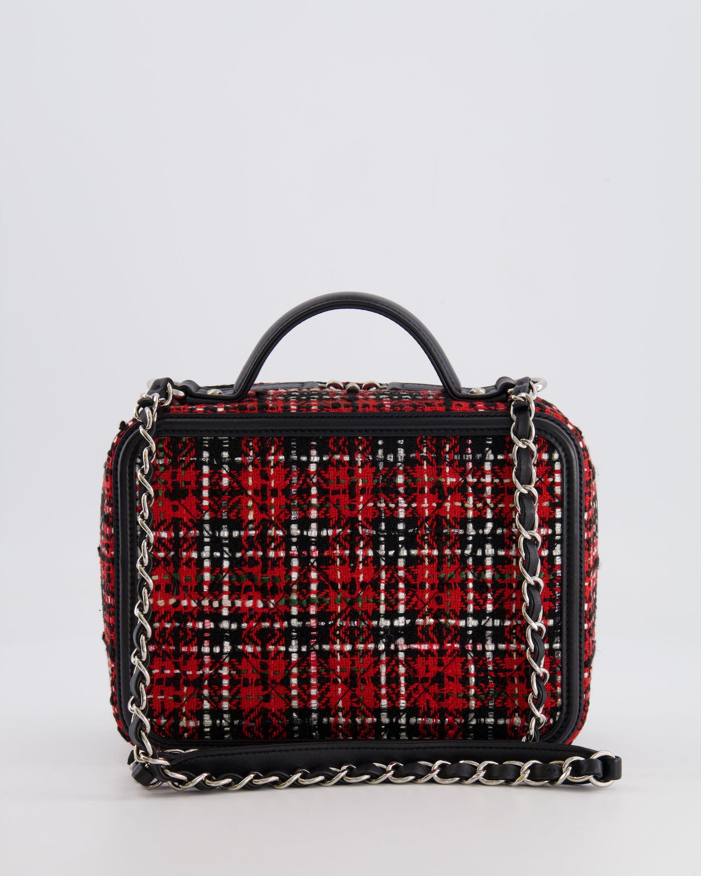 Chanel Black and Red Medium CC Filigree Vanity Case Bag in Tweed with Silver Hardware and Chain Detail
