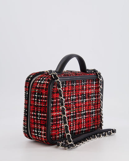 Chanel Black and Red Medium CC Filigree Vanity Case Bag in Tweed with Silver Hardware and Chain Detail