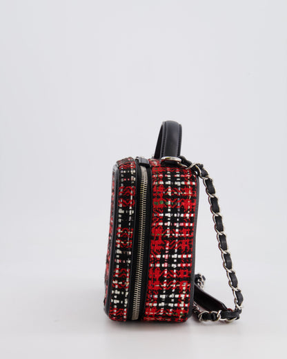 Chanel Black and Red Medium CC Filigree Vanity Case Bag in Tweed with Silver Hardware and Chain Detail