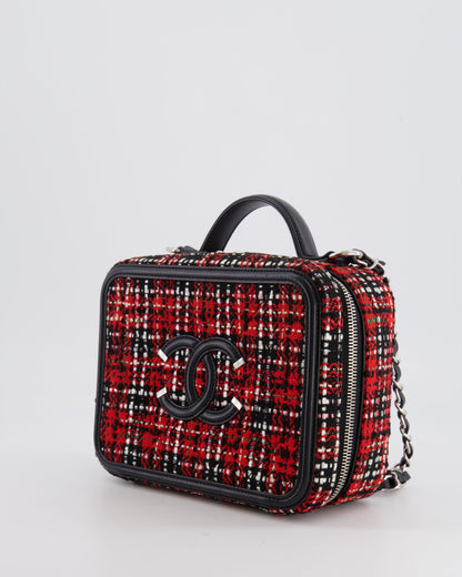 Chanel Black and Red Medium CC Filigree Vanity Case Bag in Tweed with Silver Hardware and Chain Detail