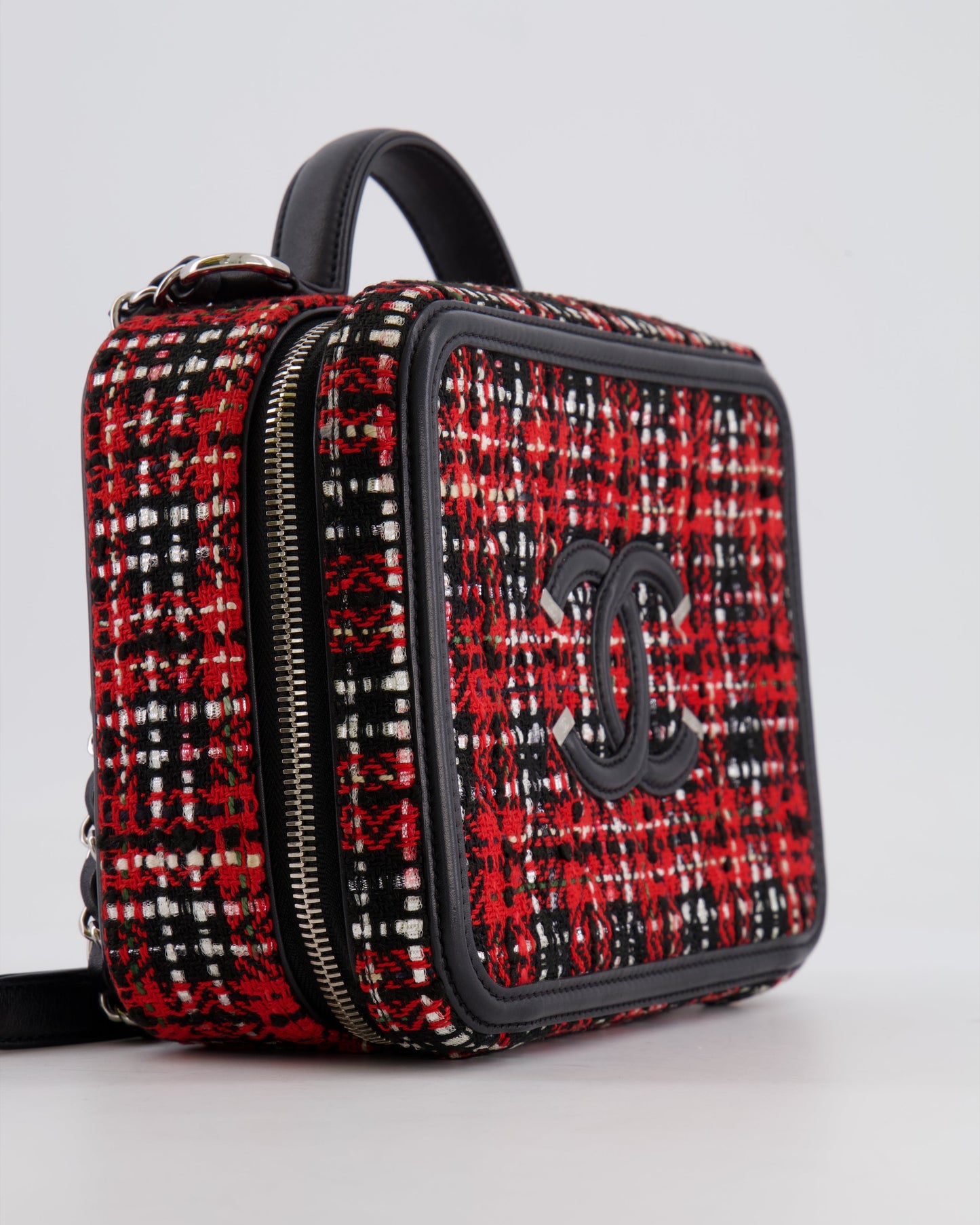 Chanel Black and Red Medium CC Filigree Vanity Case Bag in Tweed with Silver Hardware and Chain Detail