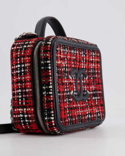 Chanel Black and Red Medium CC Filigree Vanity Case Bag in Tweed with Silver Hardware and Chain Detail