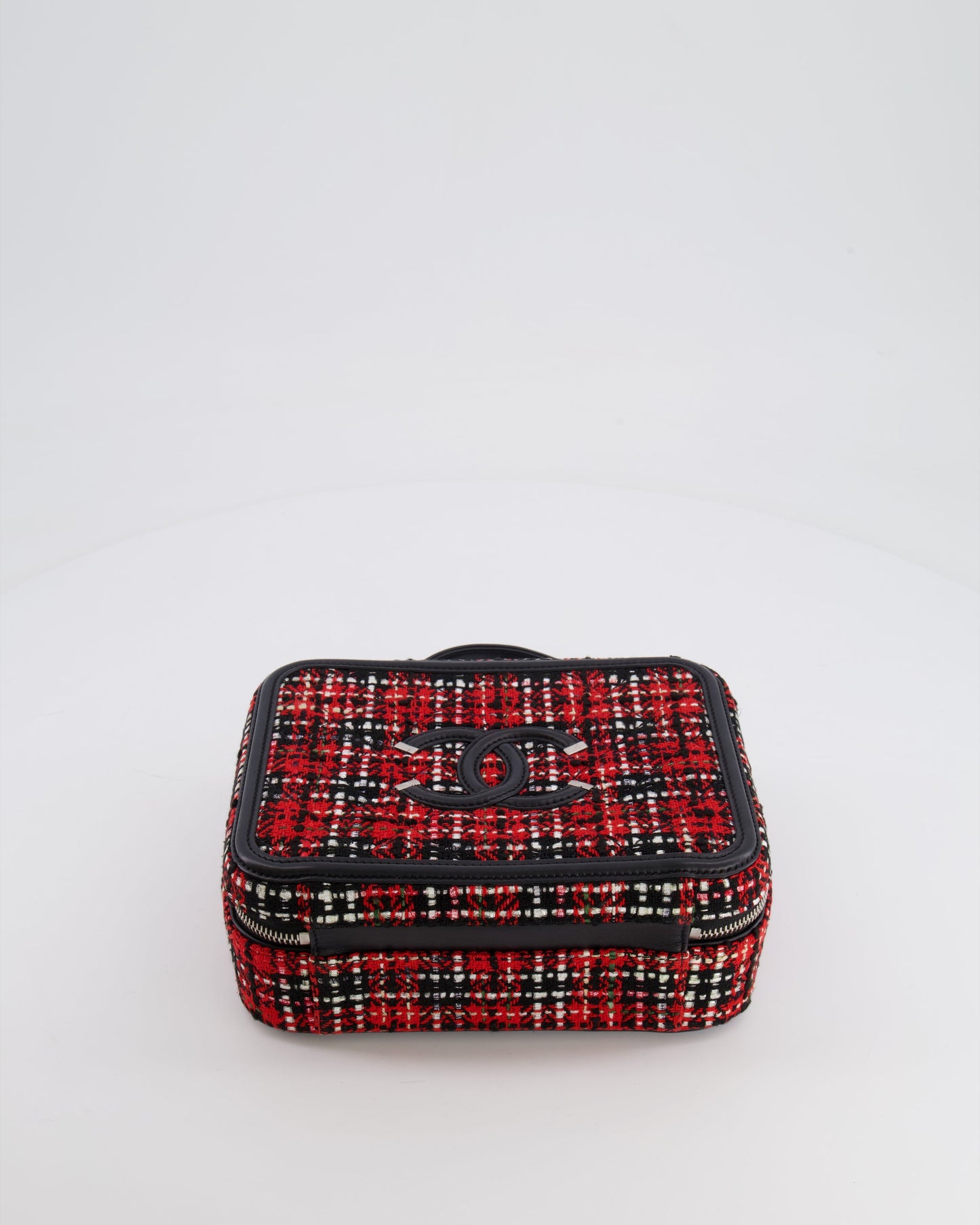 Chanel Black and Red Medium CC Filigree Vanity Case Bag in Tweed with Silver Hardware and Chain Detail
