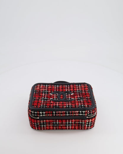 Chanel Black and Red Medium CC Filigree Vanity Case Bag in Tweed with Silver Hardware and Chain Detail
