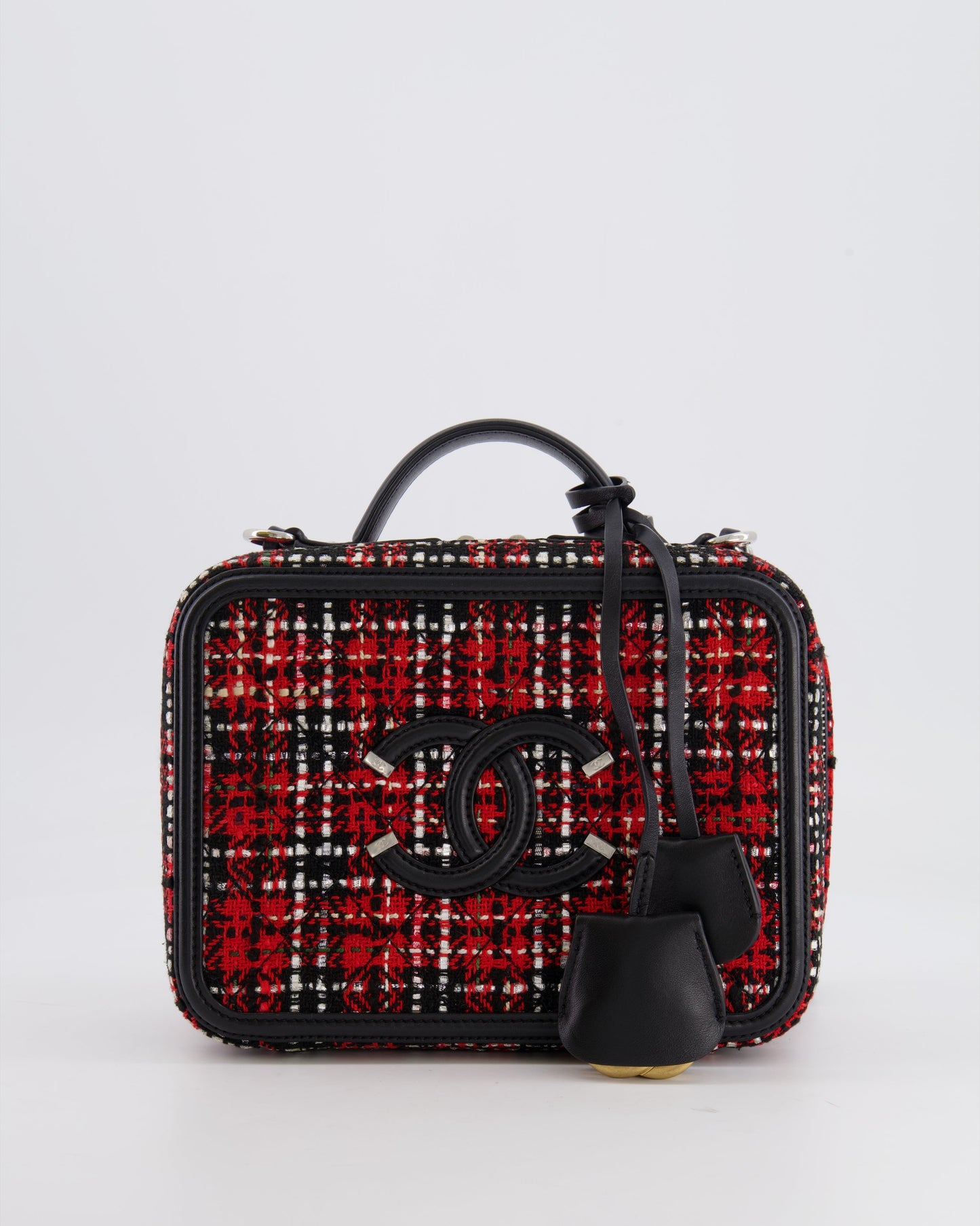 Chanel Black and Red Medium CC Filigree Vanity Case Bag in Tweed with Silver Hardware and Chain Detail