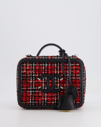 Chanel Black and Red Medium CC Filigree Vanity Case Bag in Tweed with Silver Hardware and Chain Detail