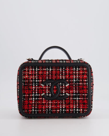 Chanel Black and Red Medium CC Filigree Vanity Case Bag in Tweed with Silver Hardware and Chain Detail