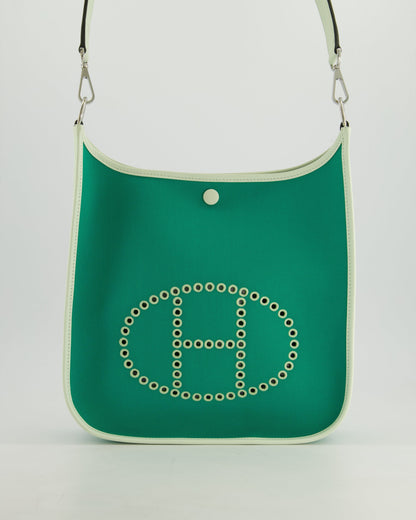 *NEW STYLE* Hermes Neo Evelyne 29cm in Menthe Canvas, Bleu Azteque Interior & Vert Fizz Swift Leather with Palladium Hardware