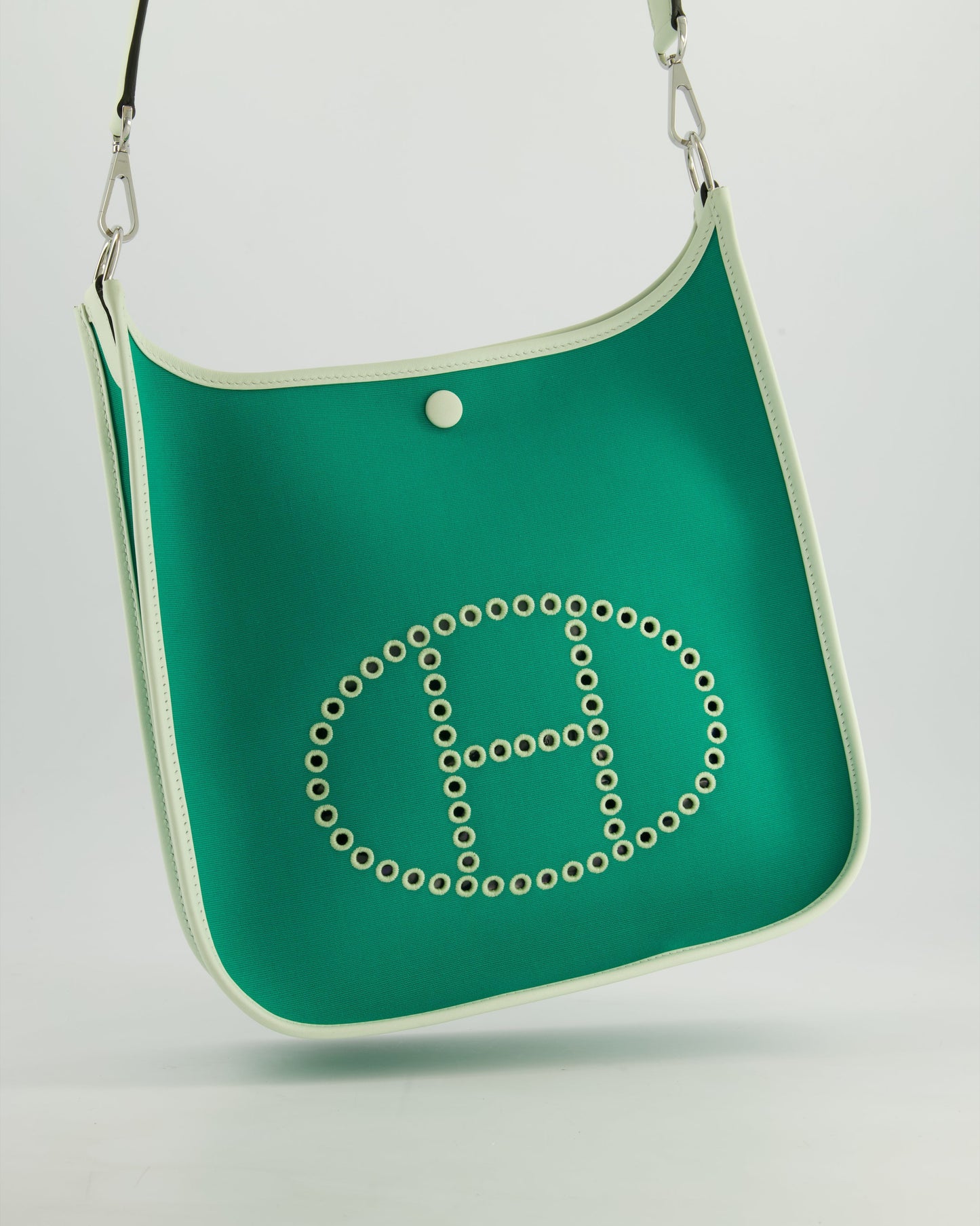 *NEW STYLE* Hermes Neo Evelyne 29cm in Menthe Canvas, Bleu Azteque Interior & Vert Fizz Swift Leather with Palladium Hardware