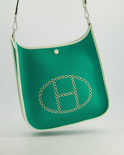 *NEW STYLE* Hermes Neo Evelyne 29cm in Menthe Canvas, Bleu Azteque Interior & Vert Fizz Swift Leather with Palladium Hardware