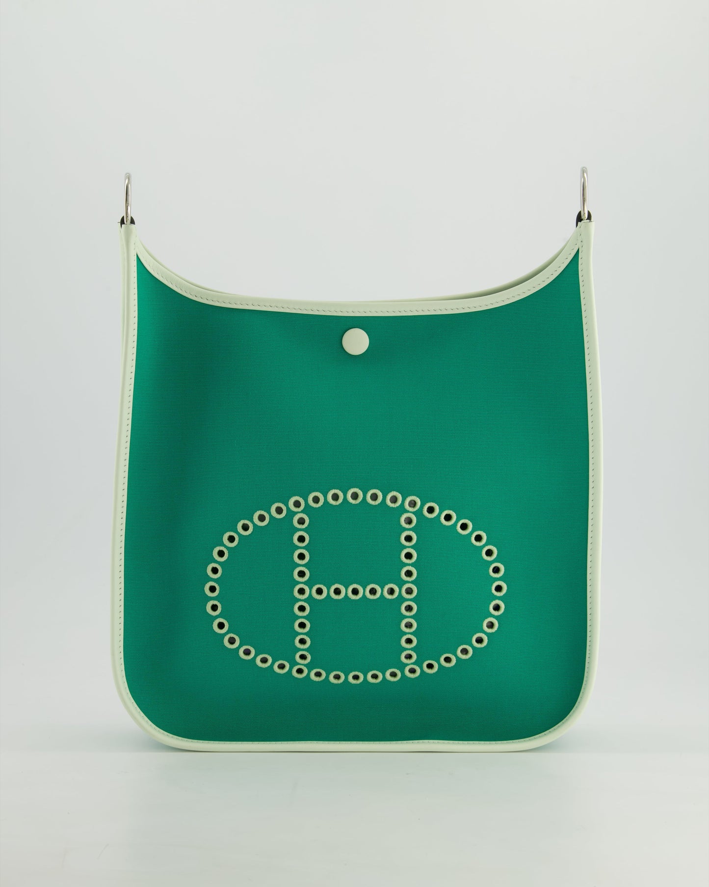 *NEW STYLE* Hermes Neo Evelyne 29cm in Menthe Canvas, Bleu Azteque Interior & Vert Fizz Swift Leather with Palladium Hardware