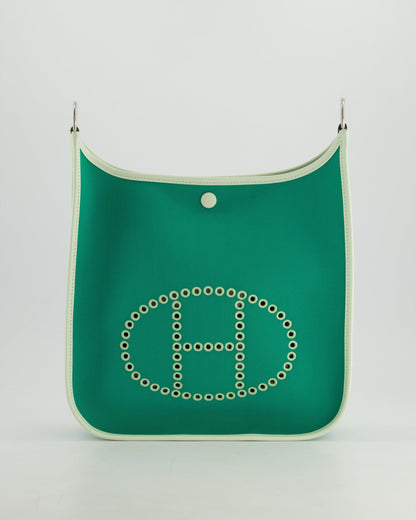 *NEW STYLE* Hermes Neo Evelyne 29cm in Menthe Canvas, Bleu Azteque Interior & Vert Fizz Swift Leather with Palladium Hardware