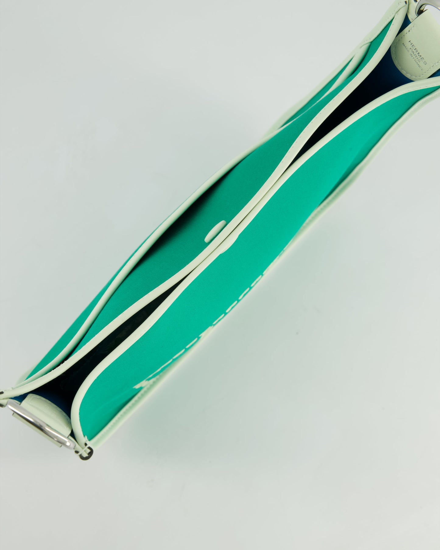 *NEW STYLE* Hermes Neo Evelyne 29cm in Menthe Canvas, Bleu Azteque Interior & Vert Fizz Swift Leather with Palladium Hardware