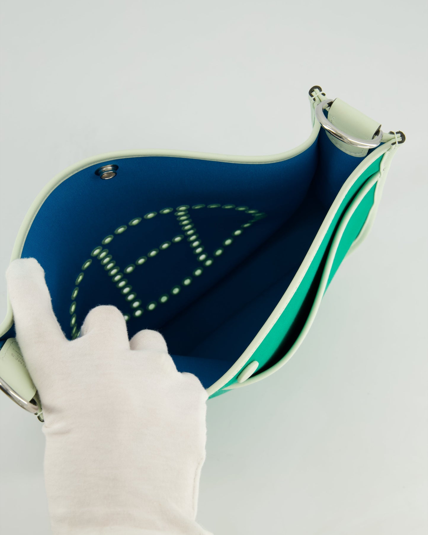 *NEW STYLE* Hermes Neo Evelyne 29cm in Menthe Canvas, Bleu Azteque Interior & Vert Fizz Swift Leather with Palladium Hardware