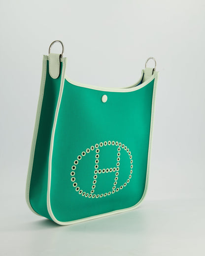 *NEW STYLE* Hermes Neo Evelyne 29cm in Menthe Canvas, Bleu Azteque Interior & Vert Fizz Swift Leather with Palladium Hardware
