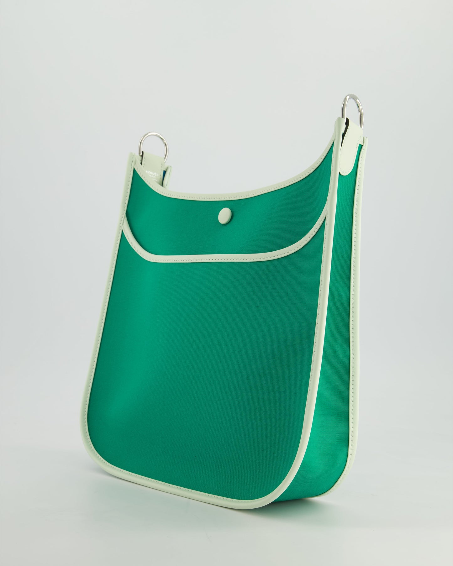 *NEW STYLE* Hermes Neo Evelyne 29cm in Menthe Canvas, Bleu Azteque Interior & Vert Fizz Swift Leather with Palladium Hardware