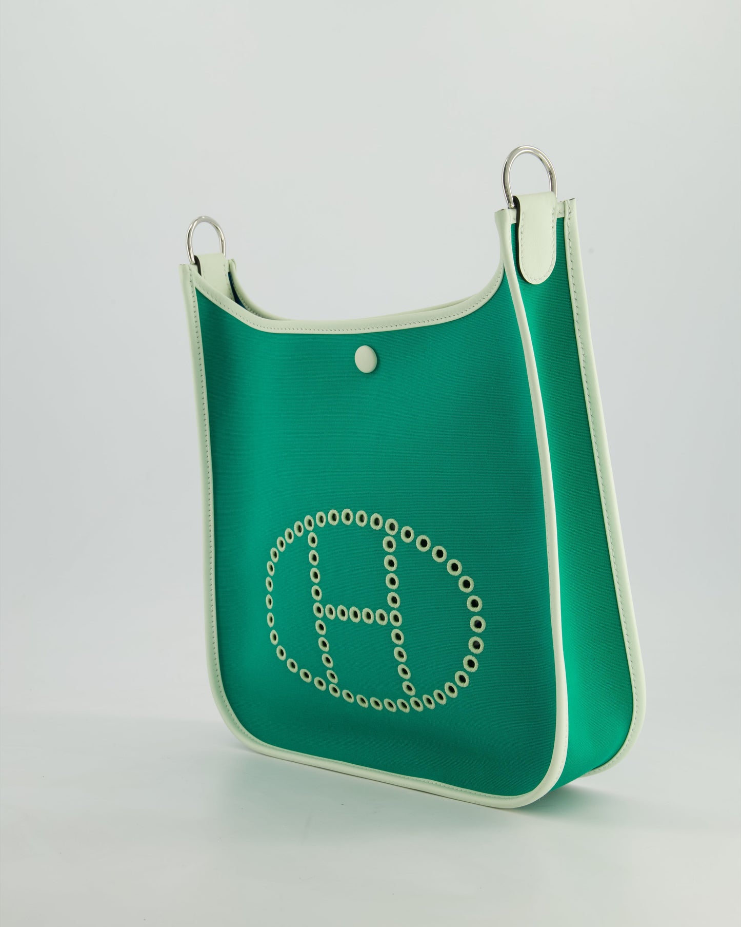 *NEW STYLE* Hermes Neo Evelyne 29cm in Menthe Canvas, Bleu Azteque Interior & Vert Fizz Swift Leather with Palladium Hardware