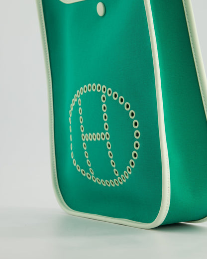 *NEW STYLE* Hermes Neo Evelyne 29cm in Menthe Canvas, Bleu Azteque Interior & Vert Fizz Swift Leather with Palladium Hardware
