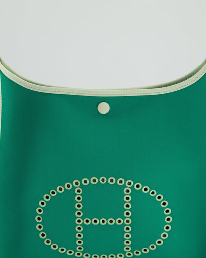 *NEW STYLE* Hermes Neo Evelyne 29cm in Menthe Canvas, Bleu Azteque Interior & Vert Fizz Swift Leather with Palladium Hardware