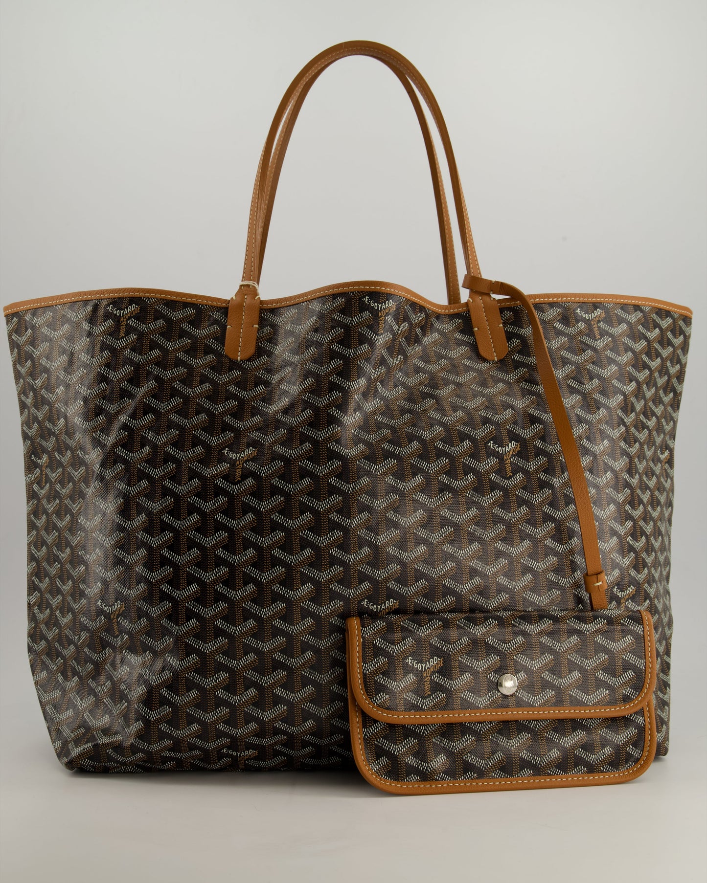 Goyard Saint Louis GM Black Shoulder Tote Bag in Goyardine Canvas and Brown Chevroches Calfskin Leather
