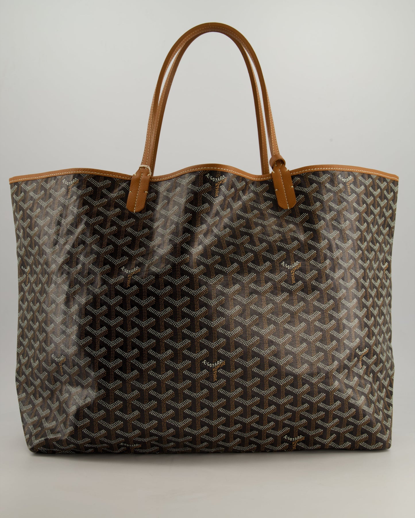 Goyard Saint Louis GM Black Shoulder Tote Bag in Goyardine Canvas and Brown Chevroches Calfskin Leather