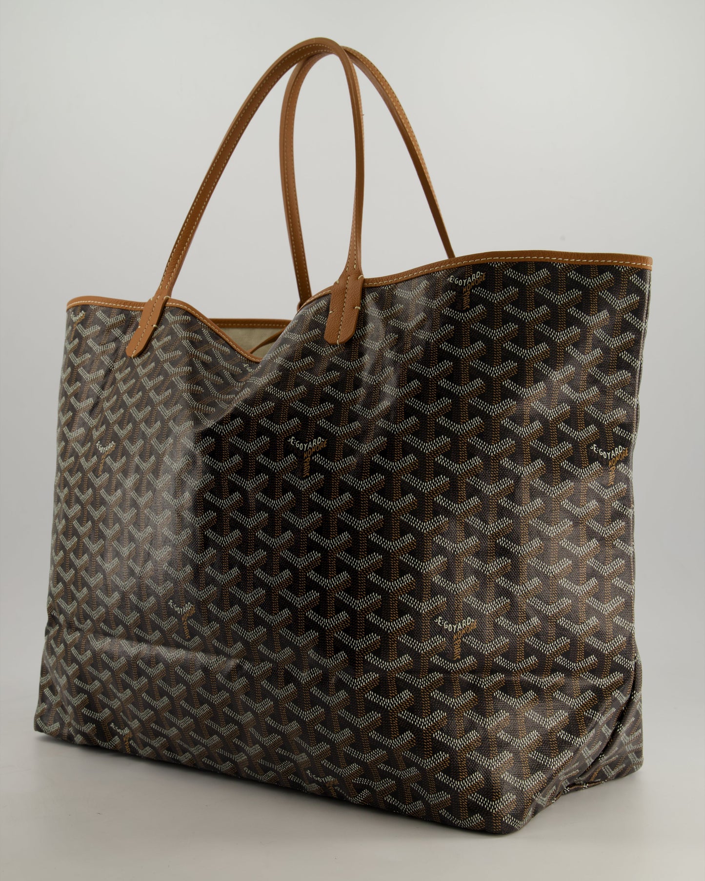 Goyard Saint Louis GM Black Shoulder Tote Bag in Goyardine Canvas and Brown Chevroches Calfskin Leather