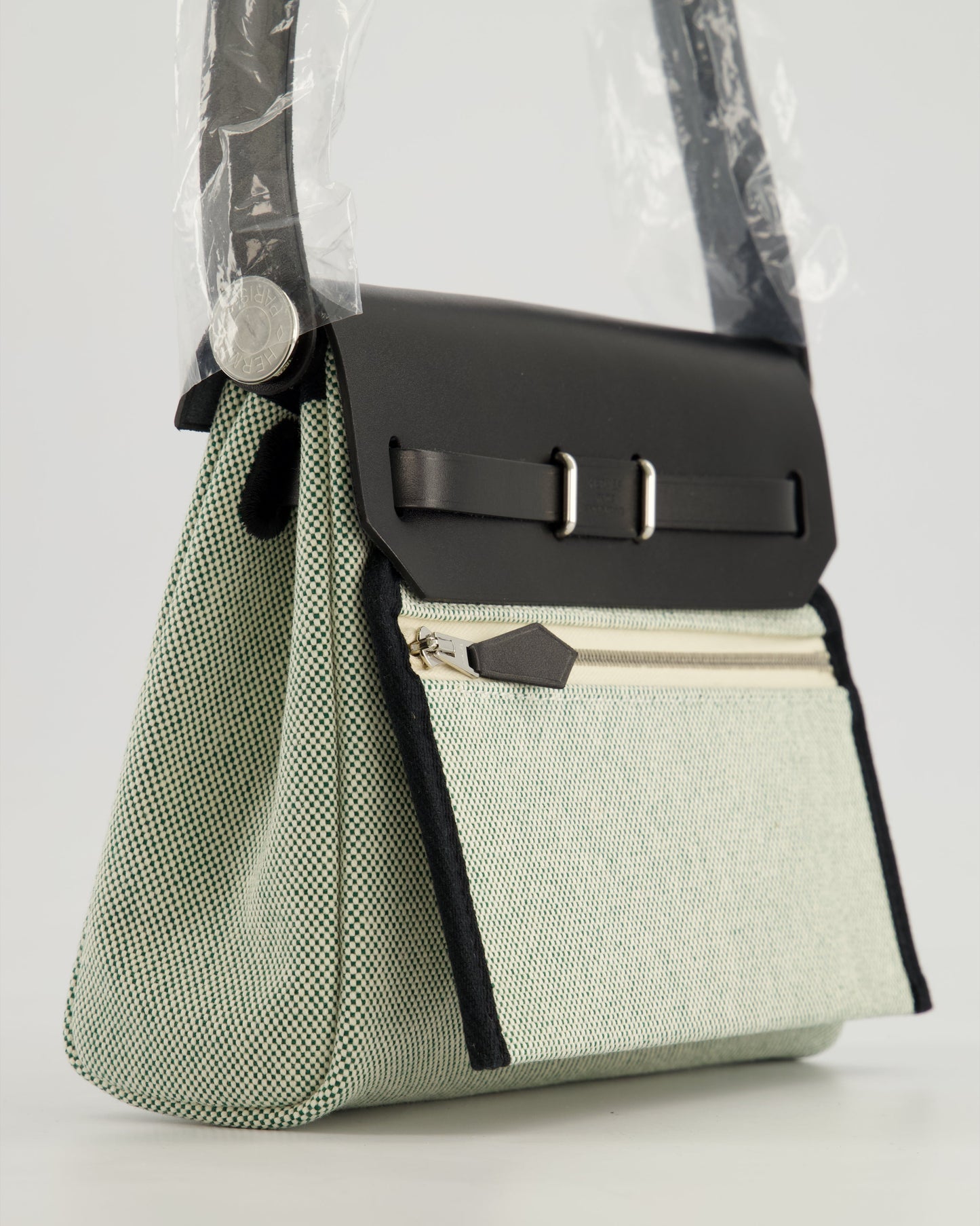 *NEW RELEASE & FIRE PRICE* Hermès Herbag Zip 20 Bag in Ecru, Vert Viking Canvas & Noir Vache Hunter Leather with Palladium Hardware