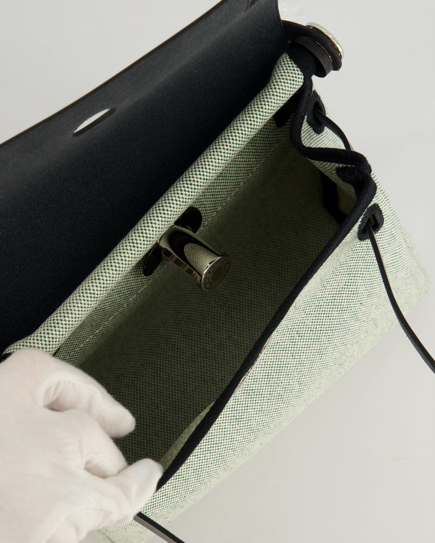 *NEW RELEASE & FIRE PRICE* Hermès Herbag Zip 20 Bag in Ecru, Vert Viking Canvas & Noir Vache Hunter Leather with Palladium Hardware