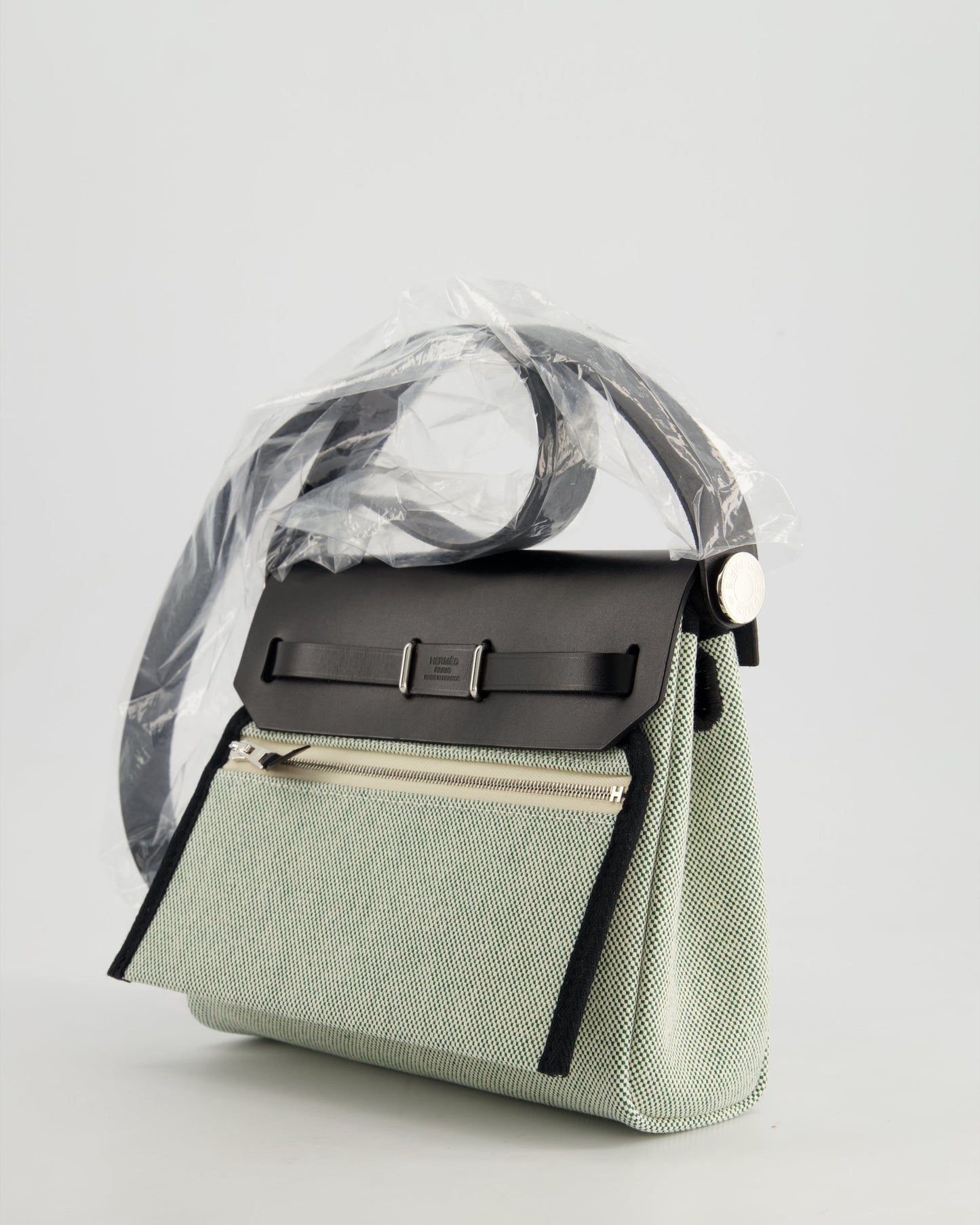 *NEW RELEASE & FIRE PRICE* Hermès Herbag Zip 20 Bag in Ecru, Vert Viking Canvas & Noir Vache Hunter Leather with Palladium Hardware