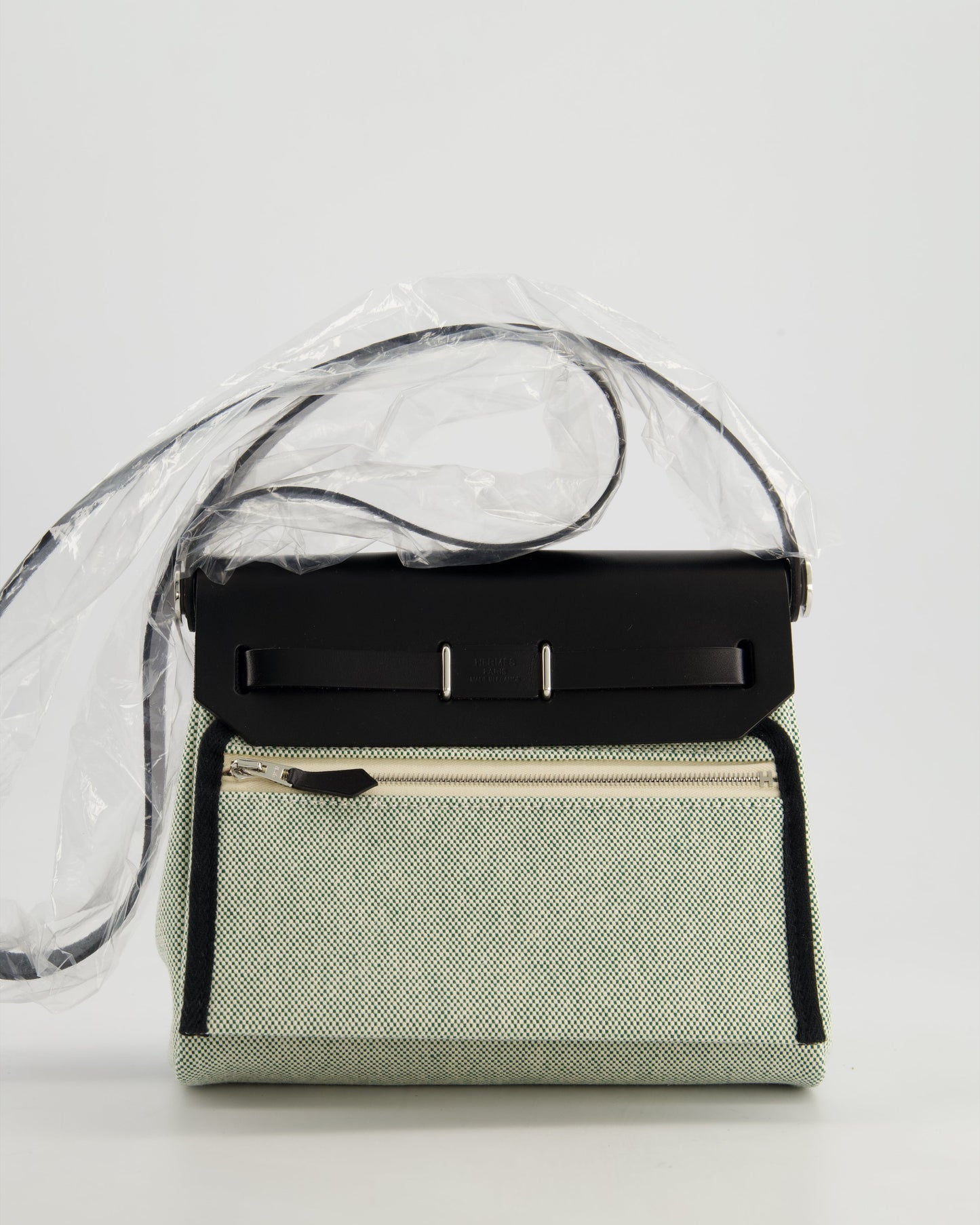 *NEW RELEASE & FIRE PRICE* Hermès Herbag Zip 20 Bag in Ecru, Vert Viking Canvas & Noir Vache Hunter Leather with Palladium Hardware