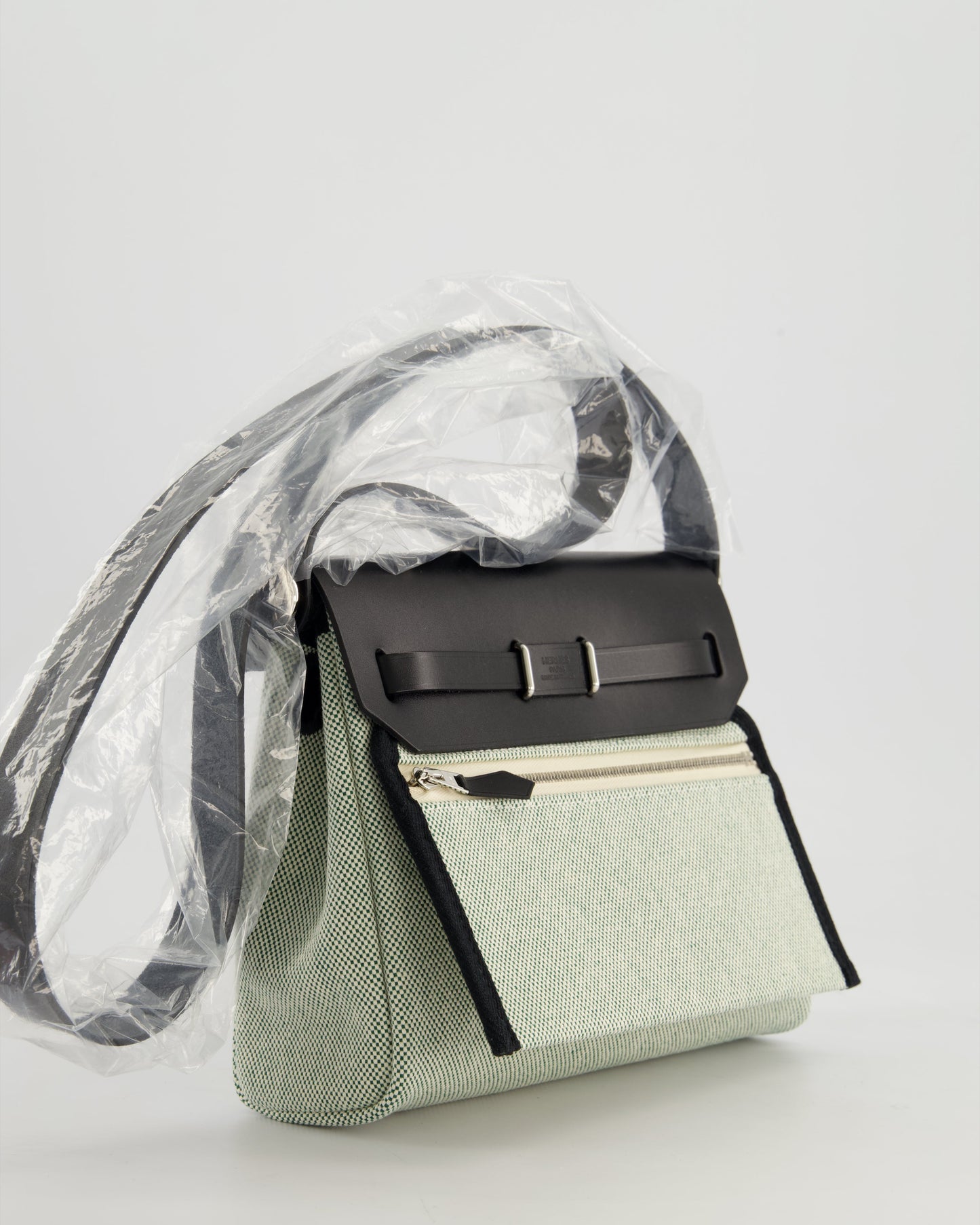 *NEW RELEASE & FIRE PRICE* Hermès Herbag Zip 20 Bag in Ecru, Vert Viking Canvas & Noir Vache Hunter Leather with Palladium Hardware