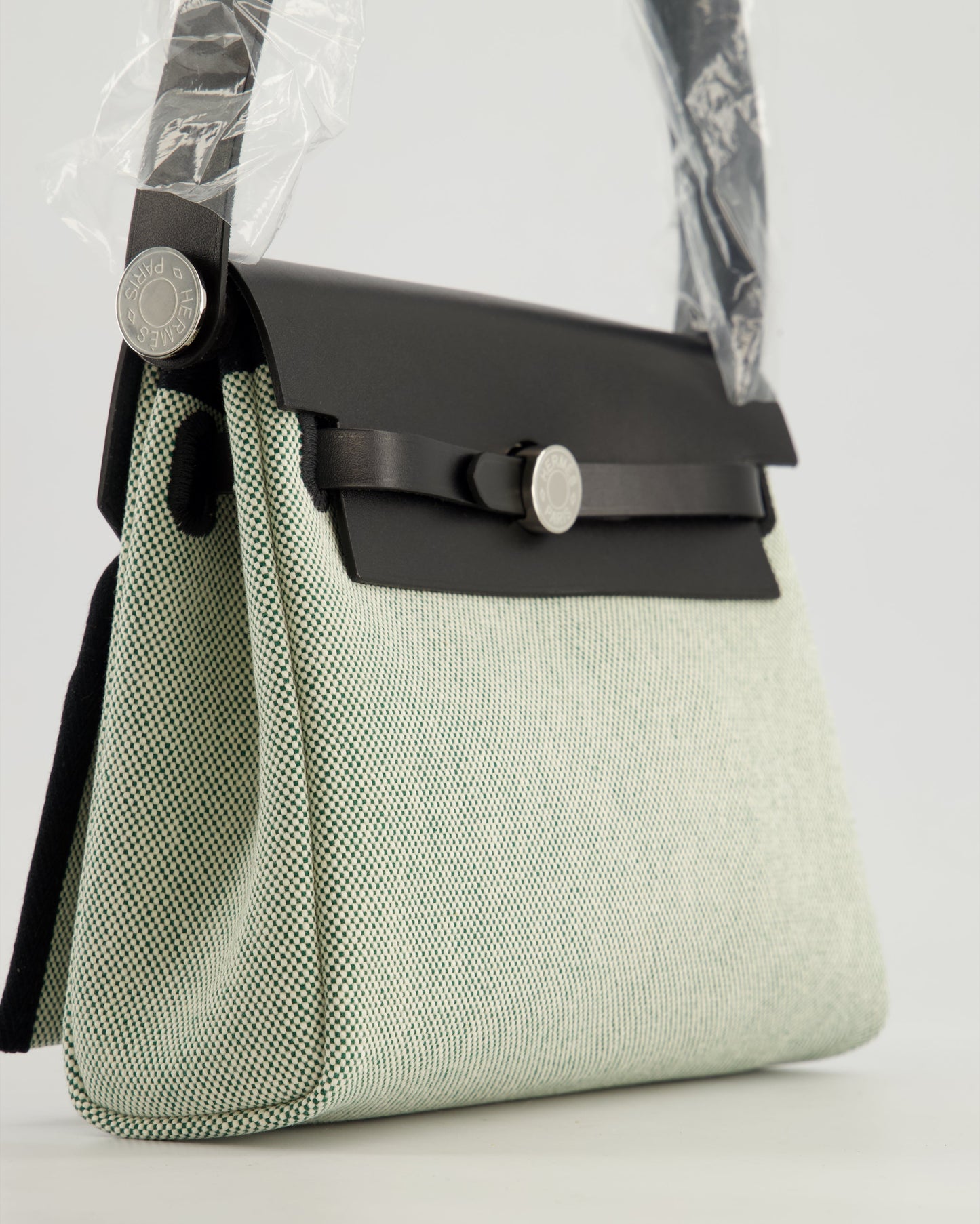 *NEW RELEASE & FIRE PRICE* Hermès Herbag Zip 20 Bag in Ecru, Vert Viking Canvas & Noir Vache Hunter Leather with Palladium Hardware